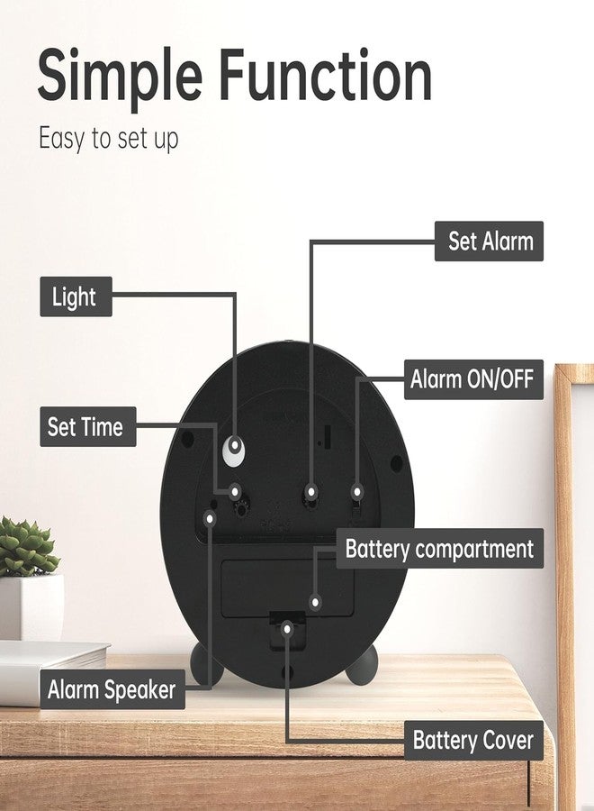 Fennec Mart 4 inch Super Silent Non Ticking Small Analog Alarm Clock with Night Light Simple Design Vintage Style Decor for Bedroom Bedside Desk Table (Black) - Image 2